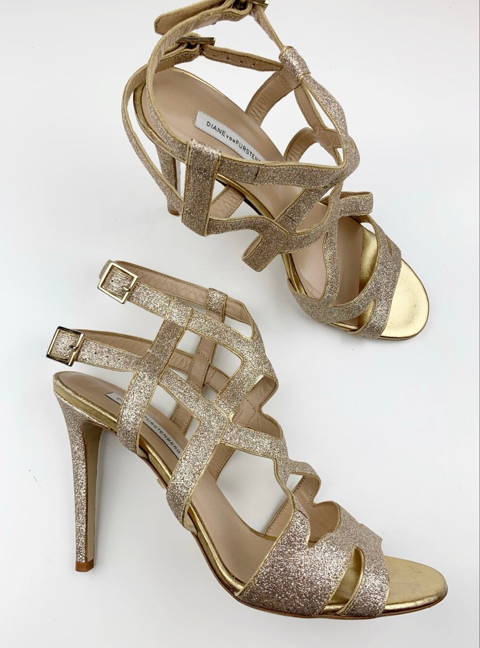 Diane Von Furstenberg DVF Valene Gold Glitter Heels Sandals Strappy Women's 9